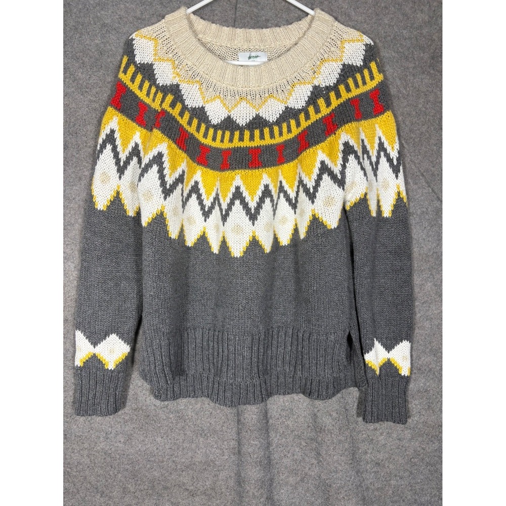Aerie Womens Fair Isle Crewneck Sweater Gray Yellow Geometric Knit Pullover S